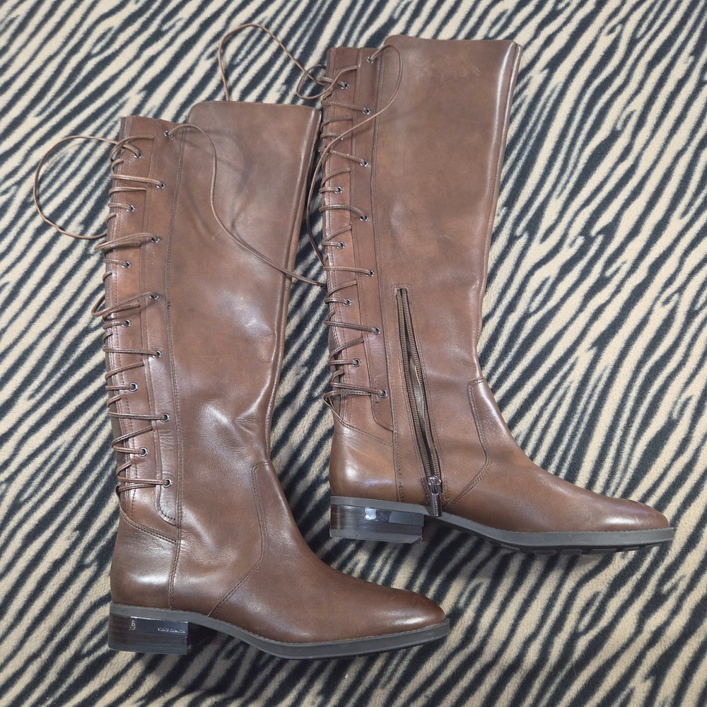 Y2K Vince Camuto Palenda Brown Leather Lace Up Back Knee High Boots 8M